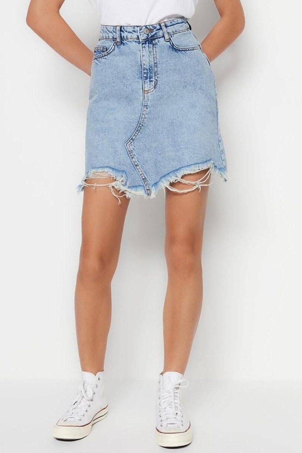 Moda Regular Düz Desen Günlük Mini Boy Yırtıklı Denim Etek