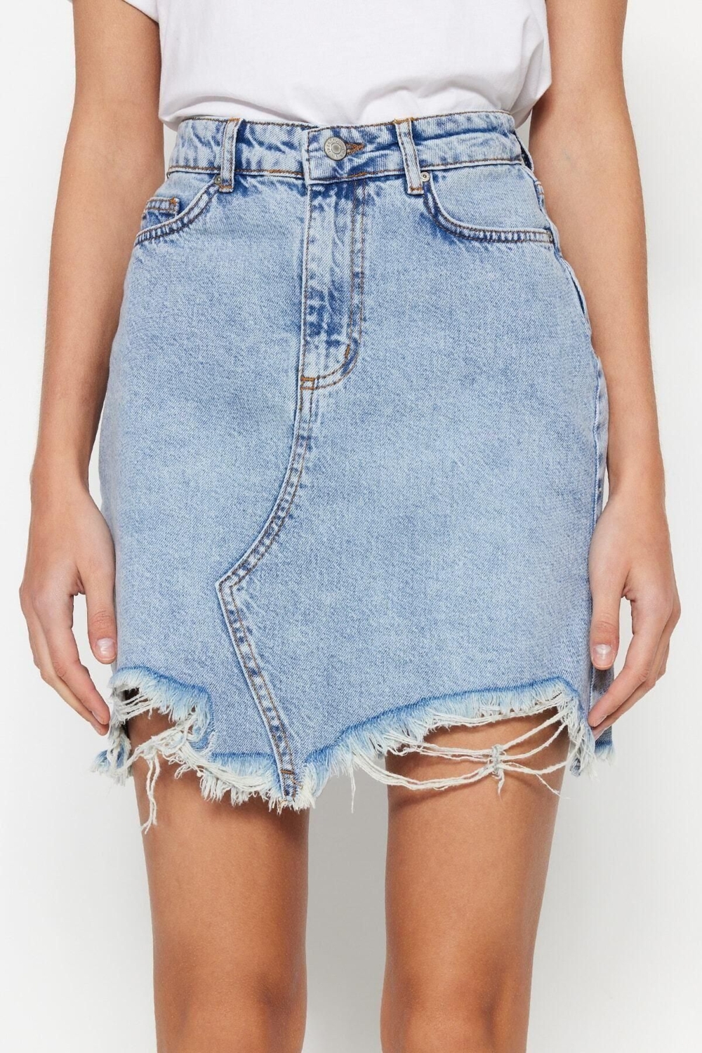 Moda Regular Düz Desen Günlük Mini Boy Yırtıklı Denim Etek
