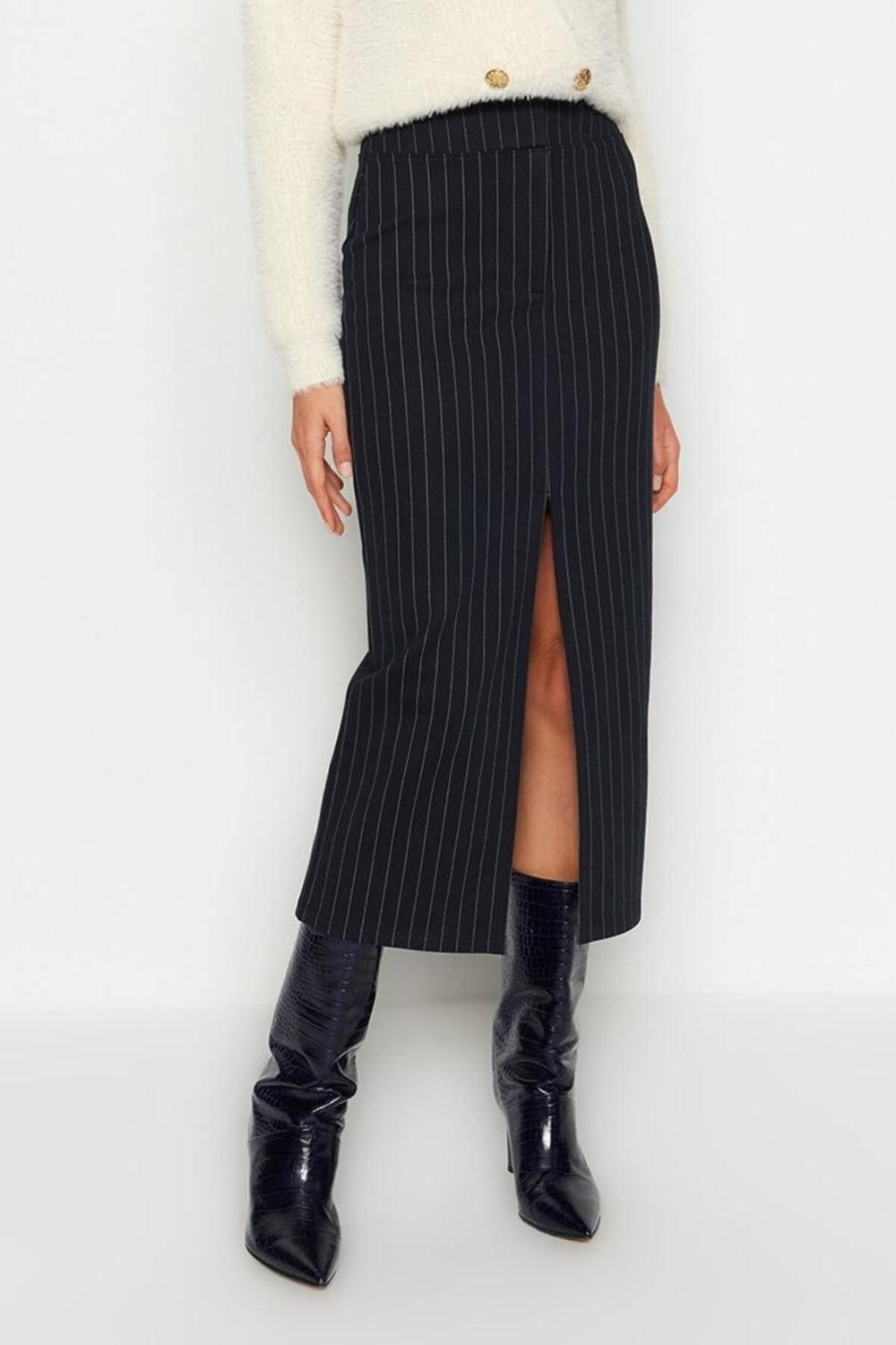 Moda Regular Düz Desen Resmi Midi Boy Çizgili Yırtmaç Detaylı Yüksek Bel Maxi Örme Etek