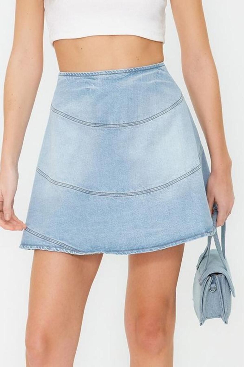 Moda Denim Düz Desen Günlük Mini Boy Volanlı Yüksek Bel Mini Denim Etek