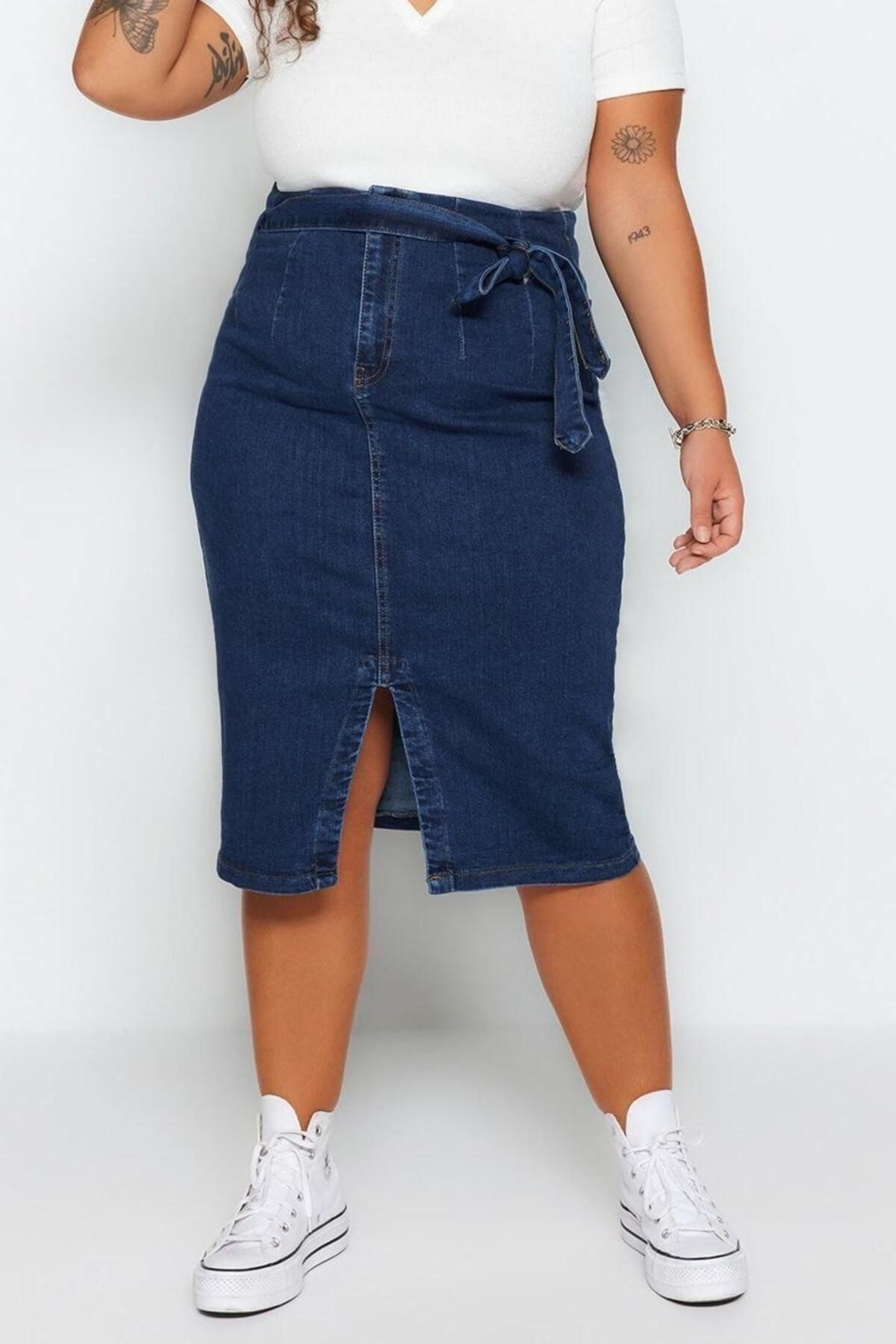 Moda Büyük Beden Yırtmaçlı Düz Desen Günlük Mini Boy Kuşaklı Yüksek Bel Yırtmaçlı Düz Etek