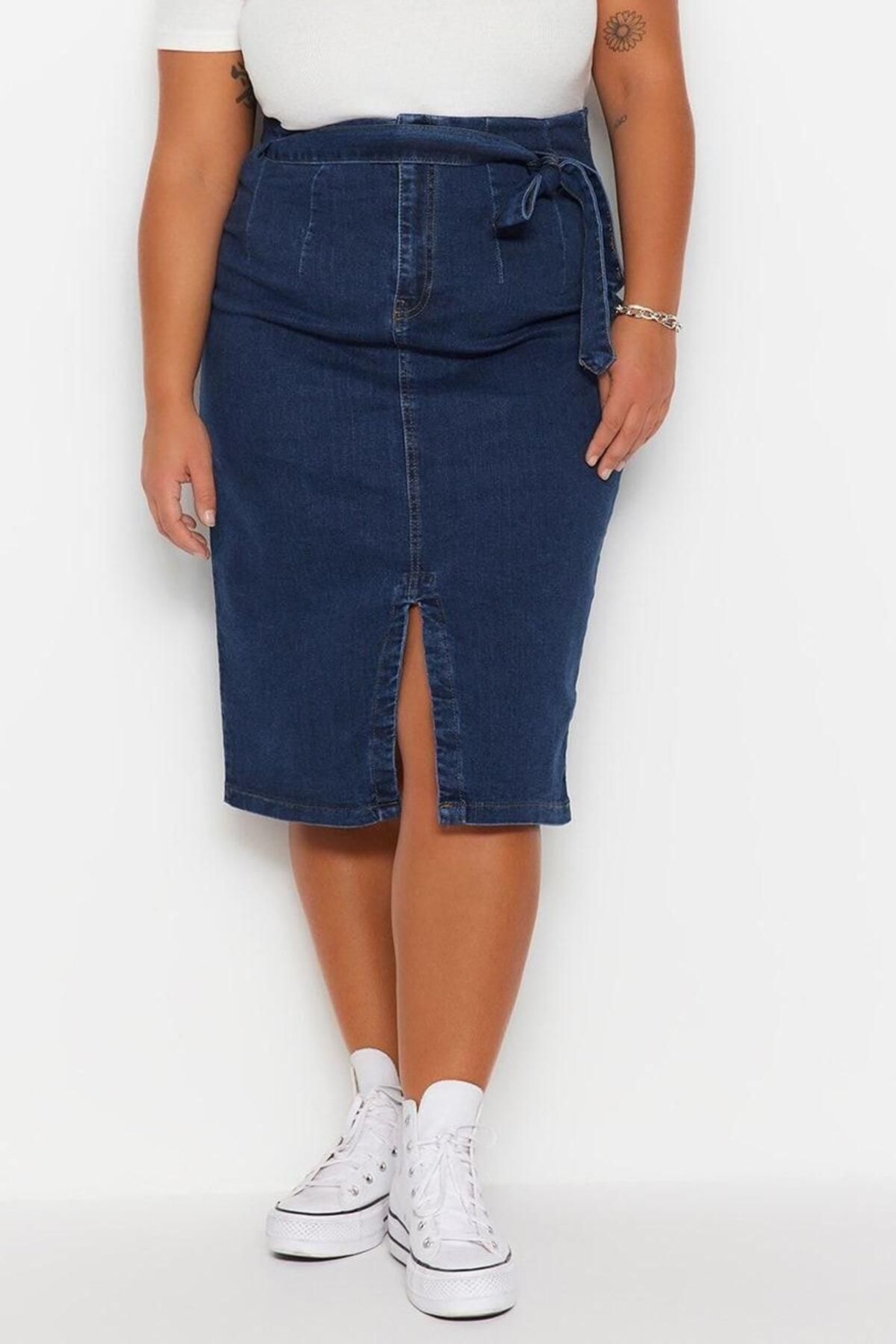 Moda Büyük Beden Yırtmaçlı Düz Desen Günlük Mini Boy Kuşaklı Yüksek Bel Yırtmaçlı Düz Etek