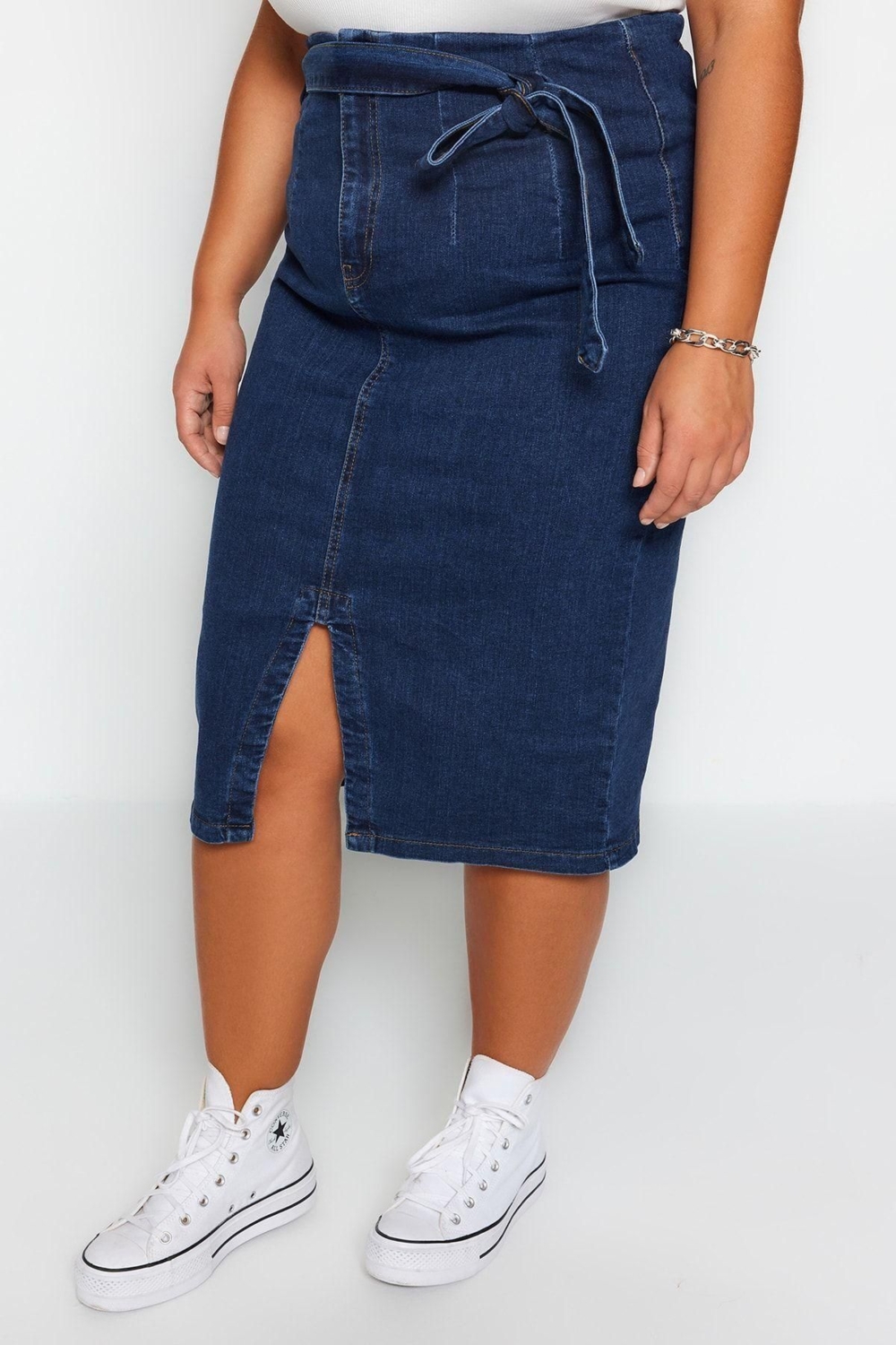 Moda Büyük Beden Yırtmaçlı Düz Desen Günlük Mini Boy Kuşaklı Yüksek Bel Yırtmaçlı Düz Etek