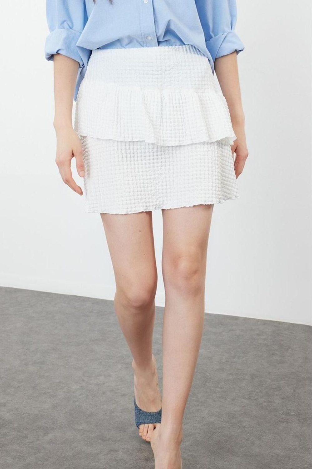 Moda Regular Düz Desen Günlük Mini Boy Premium Dokulu Eteği Fırfırlı Mini Esnek Etek