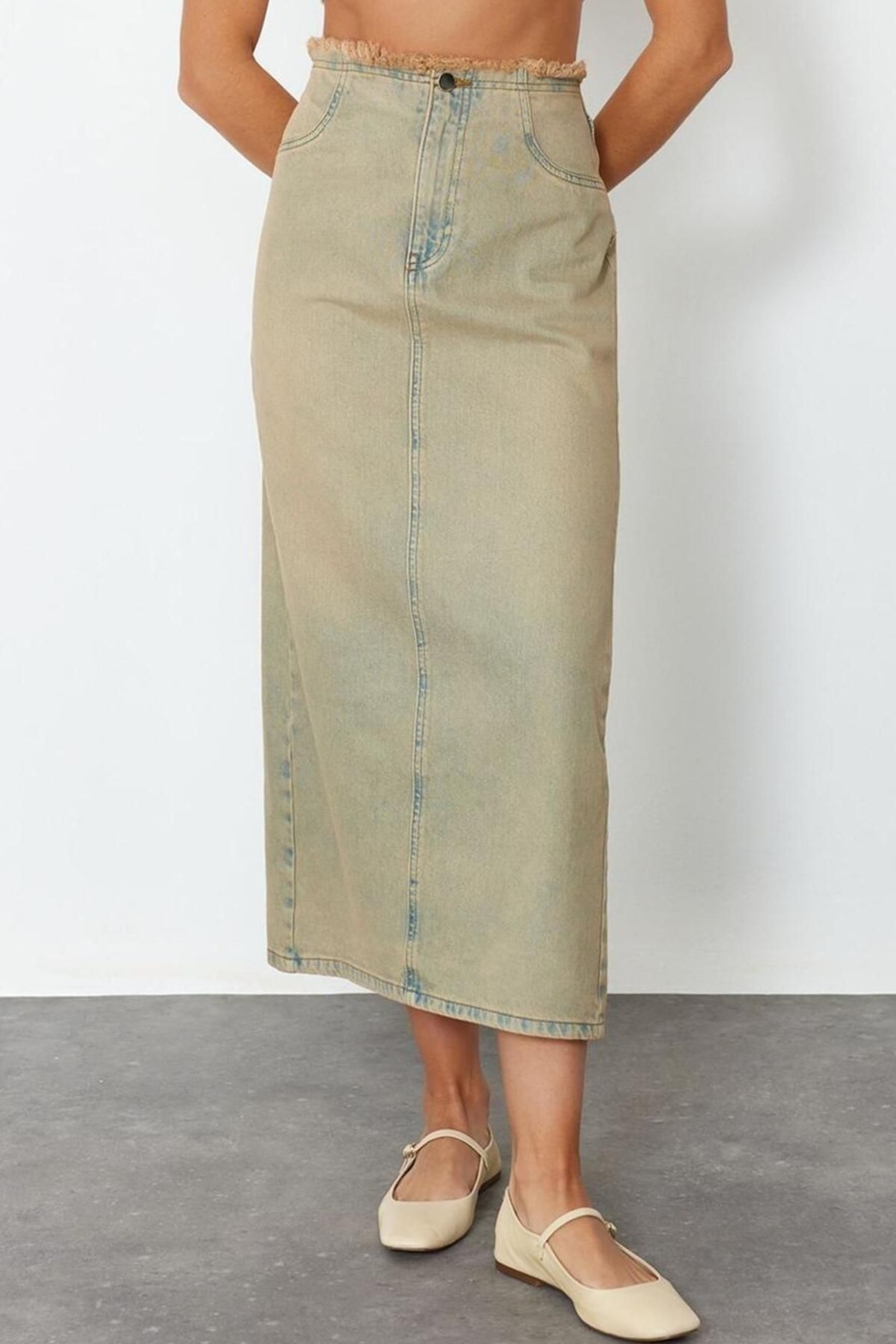 Moda Denim Düz Desen Günlük Midi Boy Yıkama Efektli Yırtmaçlı Midi Denim Etek