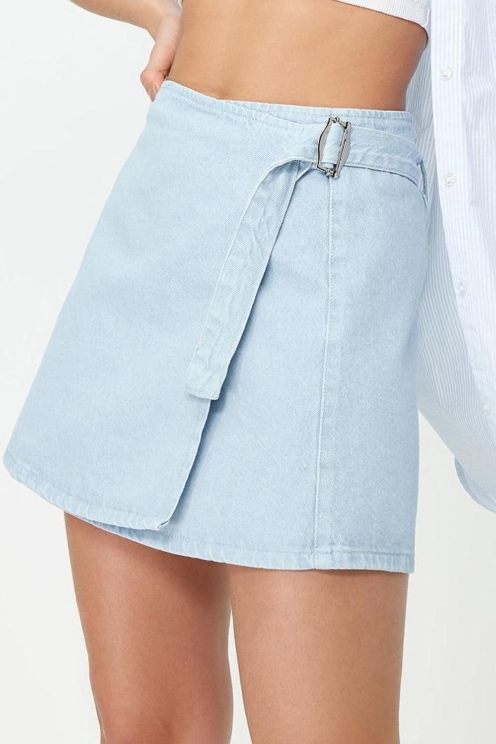 Moda Anvelop Düz Desen Günlük Mini Boy Toka Detaylı Anvelop Yüksek Bel Mini Denim Etek
