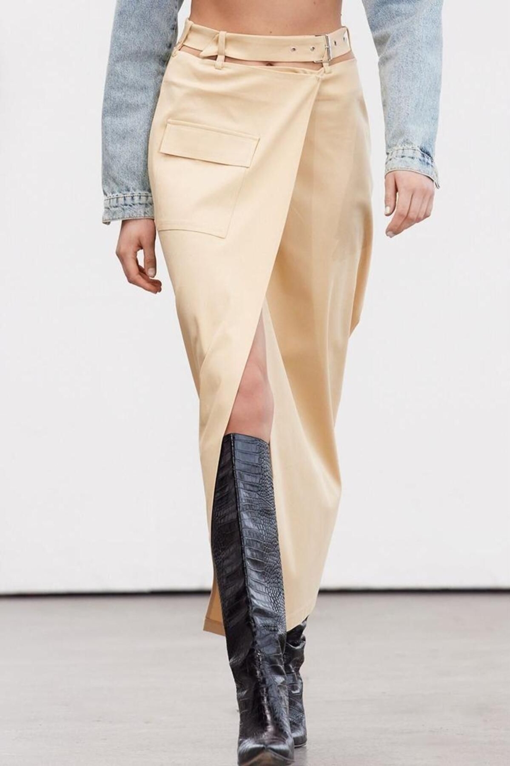 Moda Regular Şık Gece Midi Boy Limited Edition Cut Out Detaylı Pamuklu Midi Column Dokuma Etek