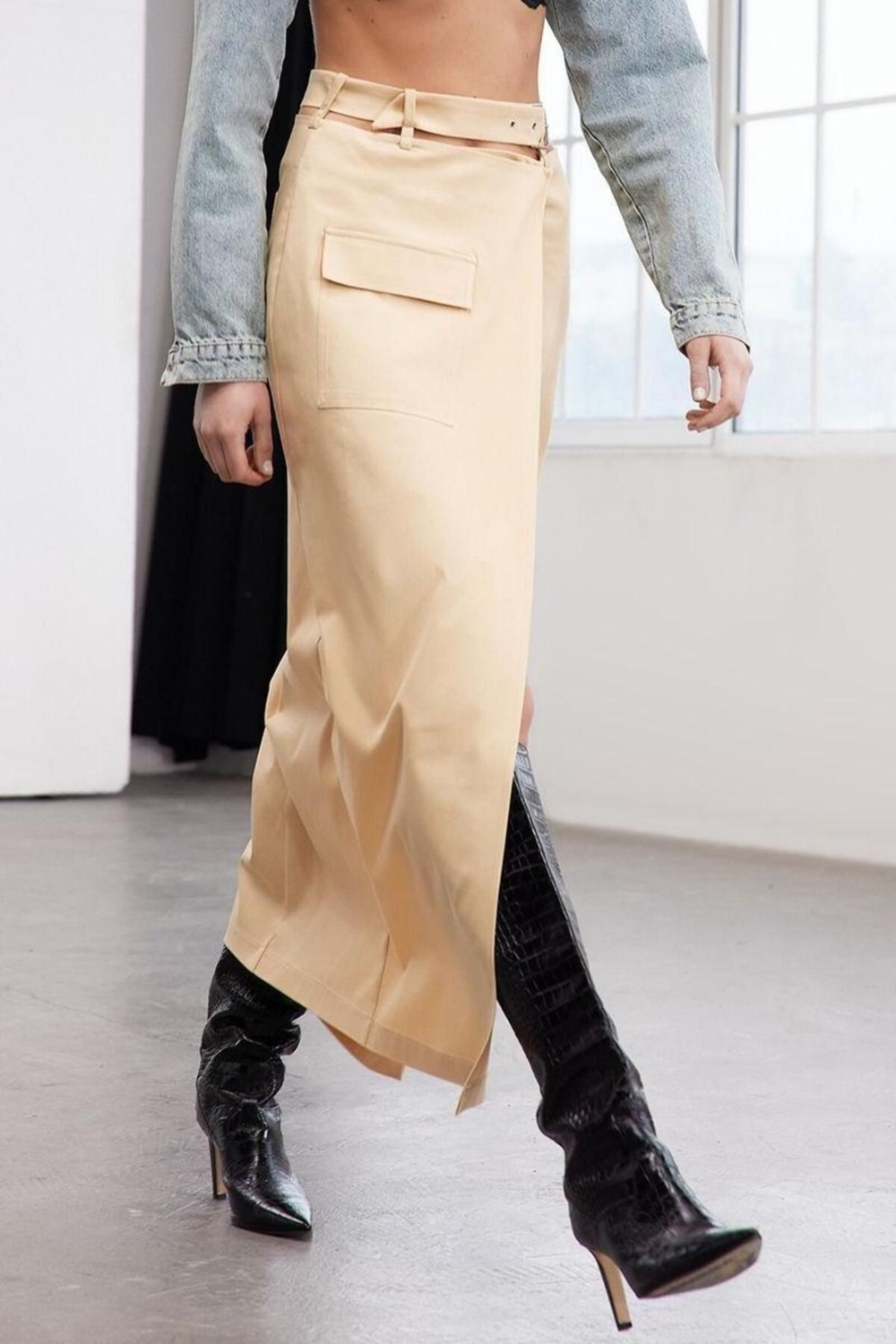Moda Regular Şık Gece Midi Boy Limited Edition Cut Out Detaylı Pamuklu Midi Column Dokuma Etek