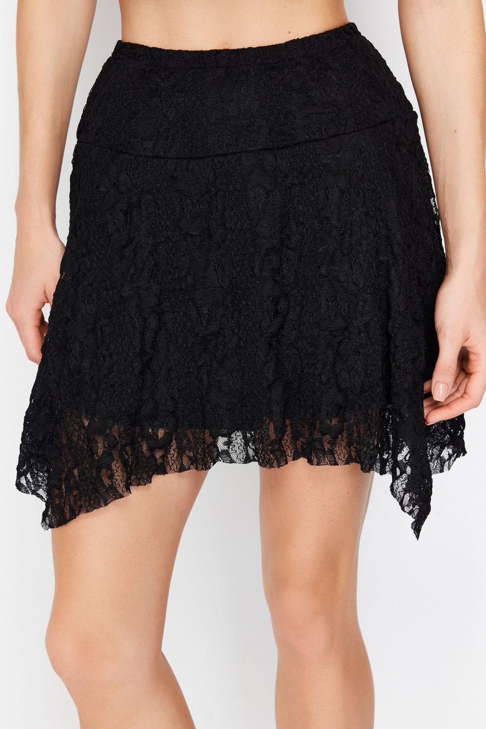 Moda Asimetrik Düz Desen Günlük Mini Boy Asimetrik Yüksek Bel Dantel Mini Örme Etek