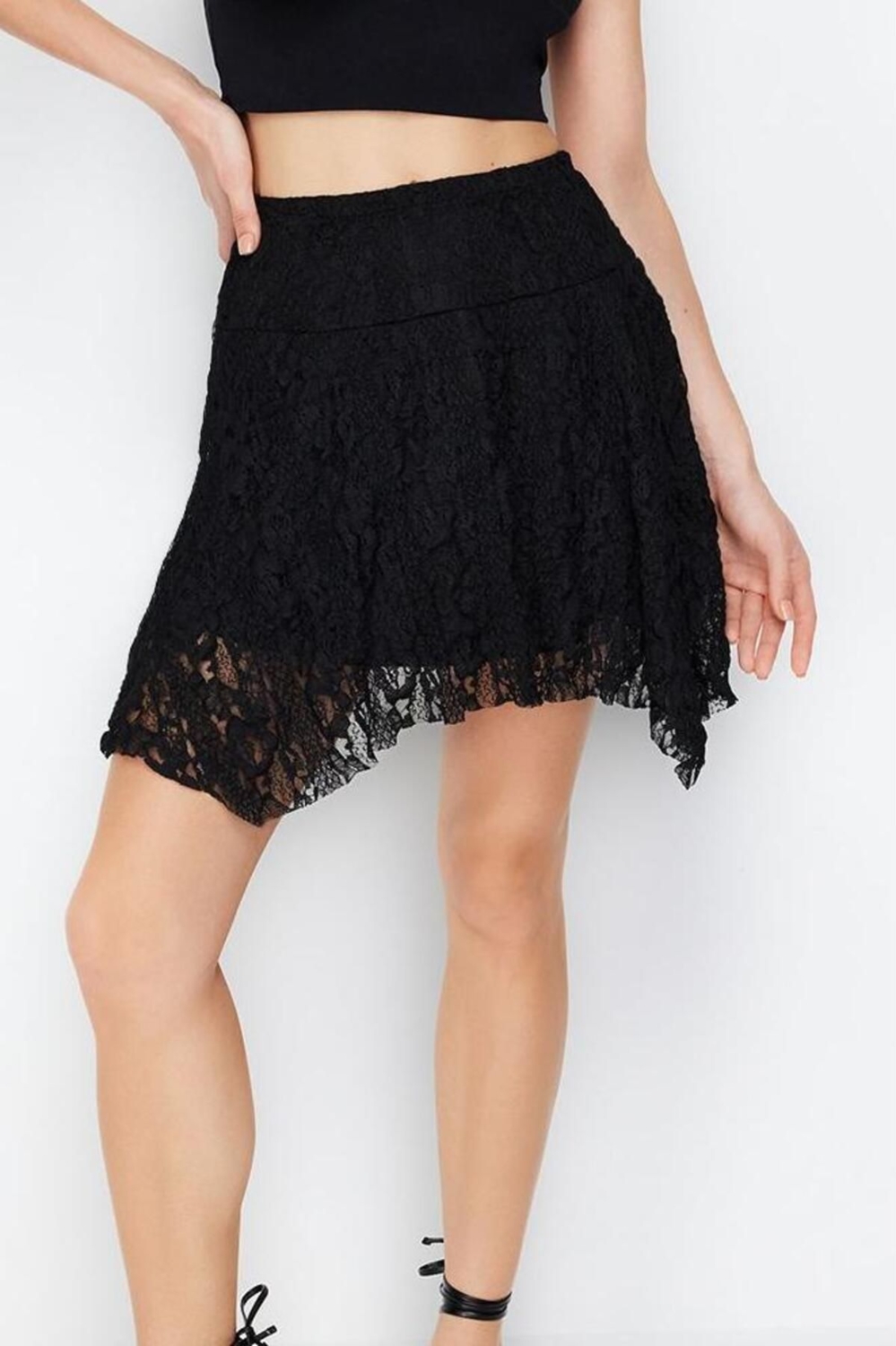 Moda Asimetrik Düz Desen Günlük Mini Boy Asimetrik Yüksek Bel Dantel Mini Örme Etek