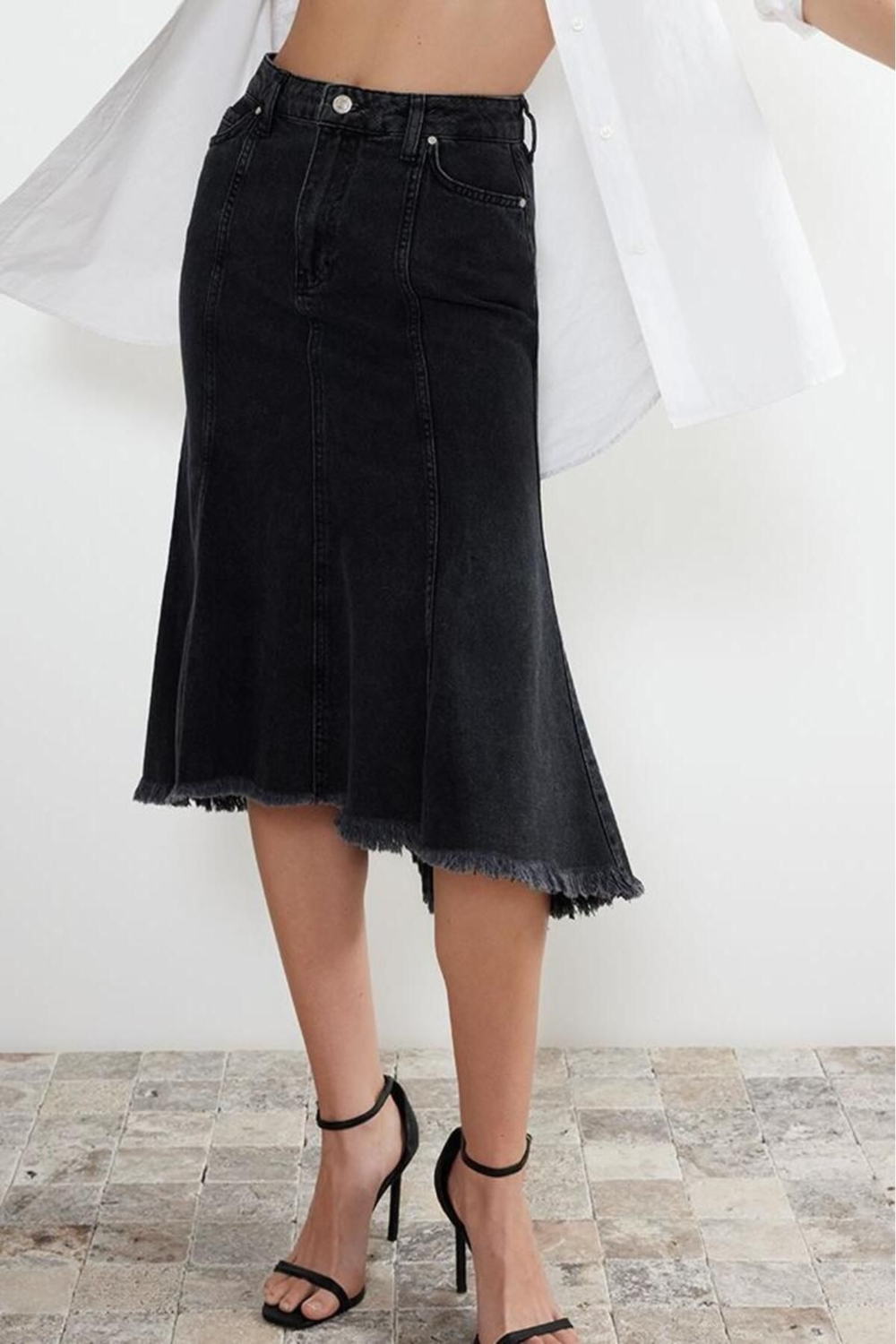 Moda Asimetrik Düz Desen Günlük Midi Boy Dikiş Detaylı Asimetrik Yüksek Bel Midi Denim Etek