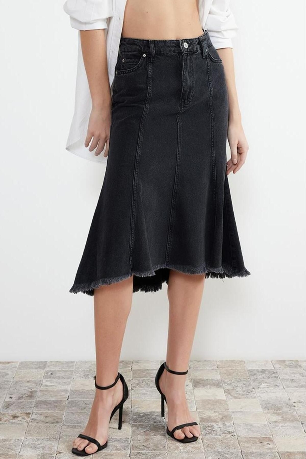 Moda Asimetrik Düz Desen Günlük Midi Boy Dikiş Detaylı Asimetrik Yüksek Bel Midi Denim Etek