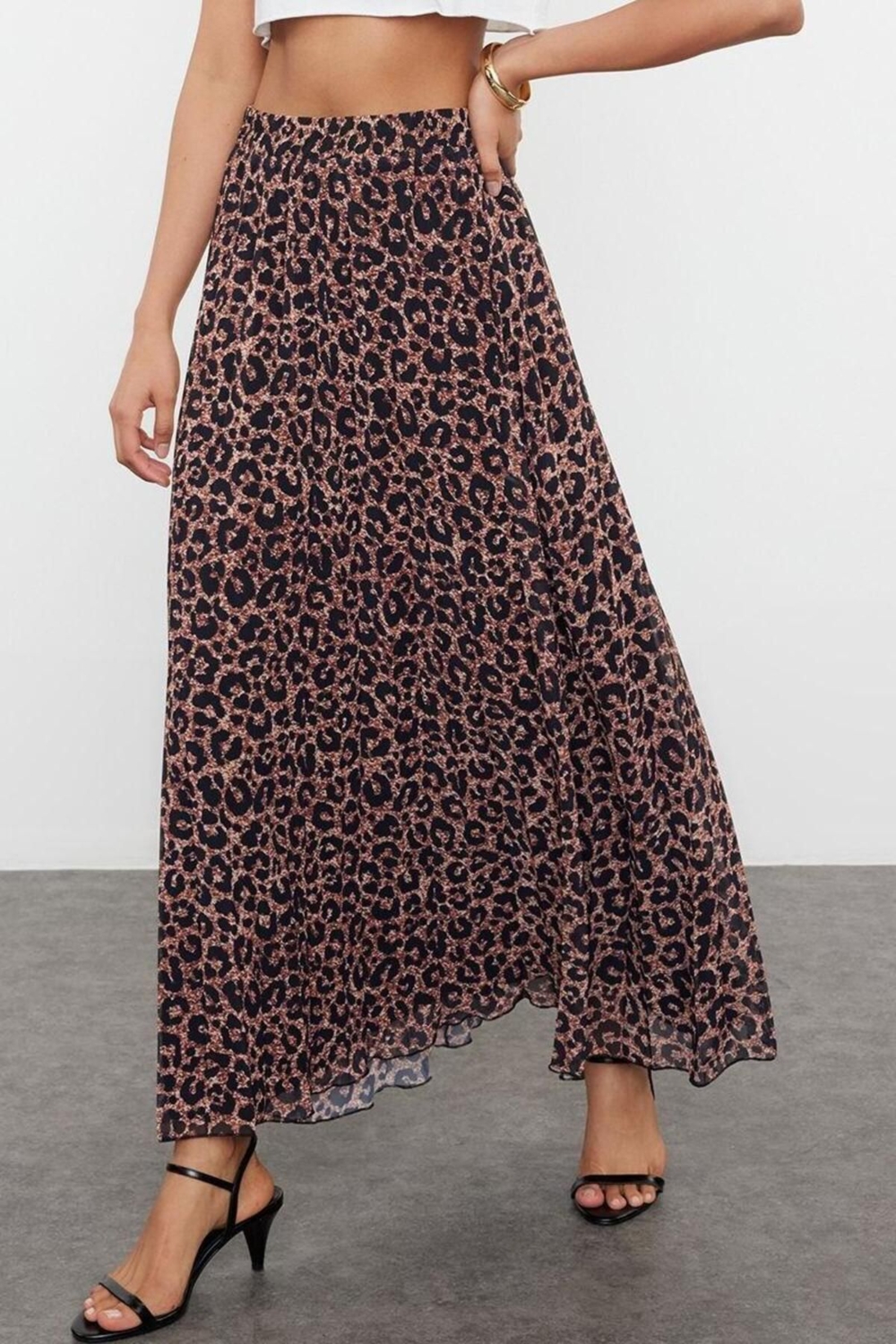 Moda Regular Baskılı Desen Günlük Maxi Boy Leopar Desenli Dokuma Etek