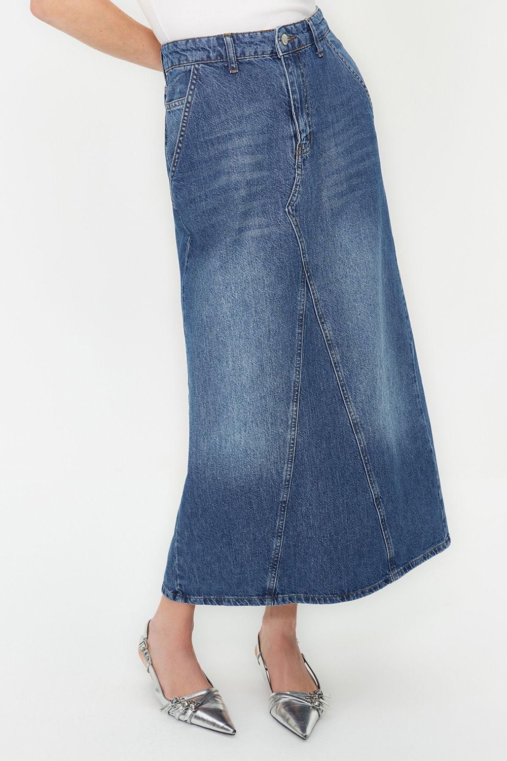 Moda Denim Düz Desen Günlük Maxi Boy Dikiş Detaylı Yüksek Bel Maxi Denim Etek