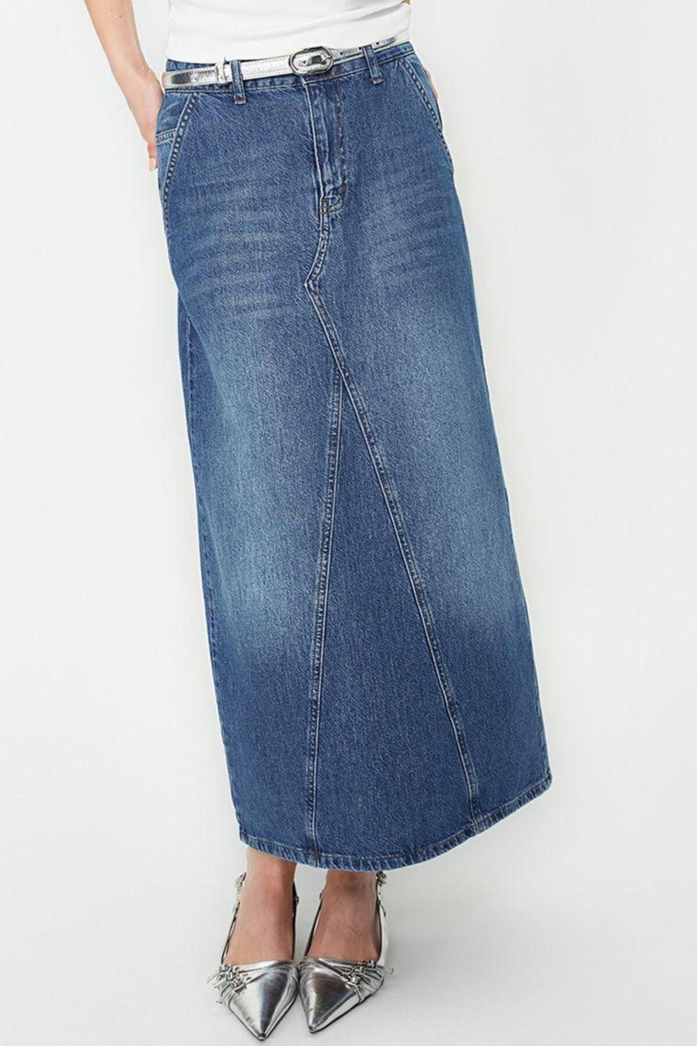 Moda Denim Düz Desen Günlük Maxi Boy Dikiş Detaylı Yüksek Bel Maxi Denim Etek