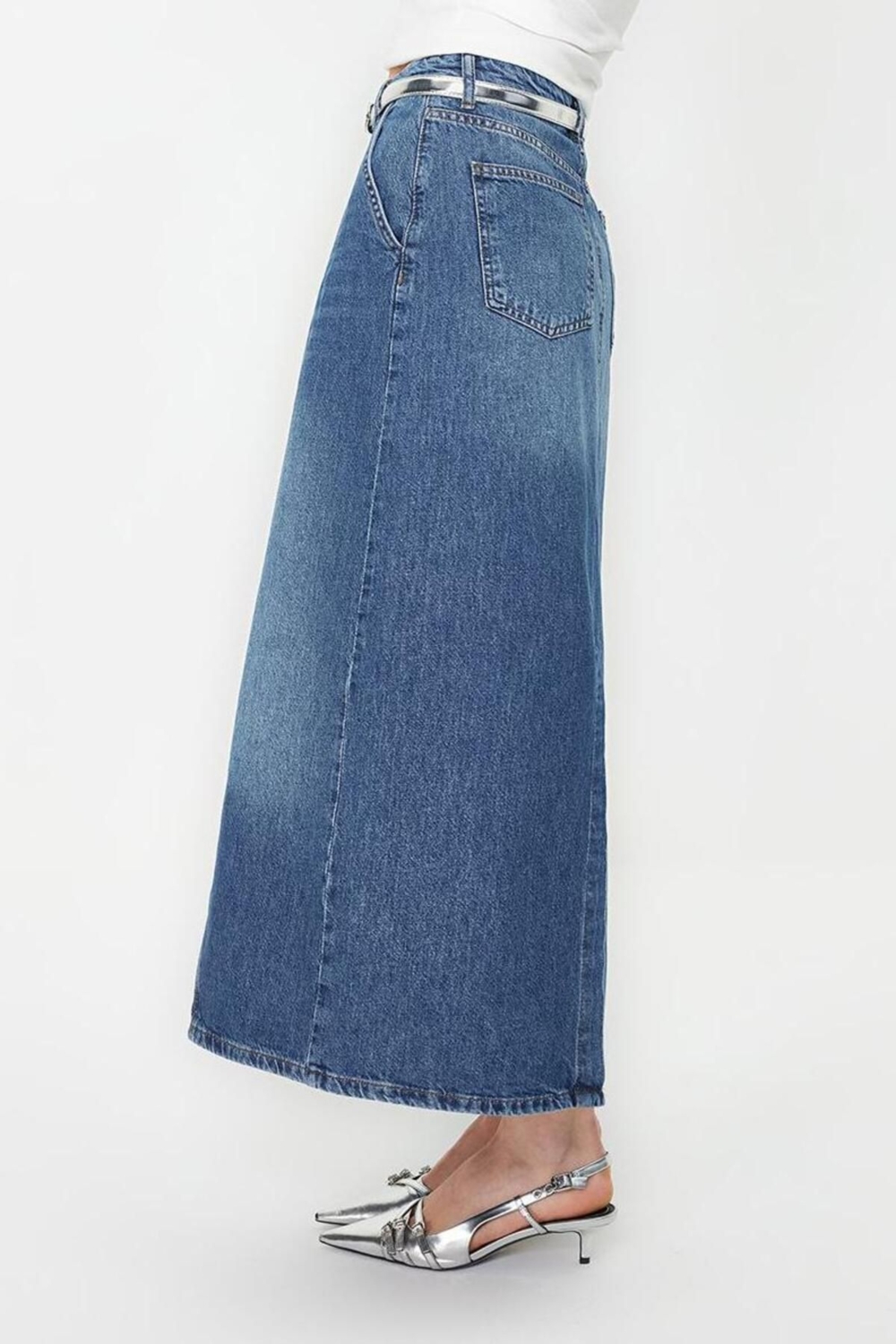 Moda Denim Düz Desen Günlük Maxi Boy Dikiş Detaylı Yüksek Bel Maxi Denim Etek