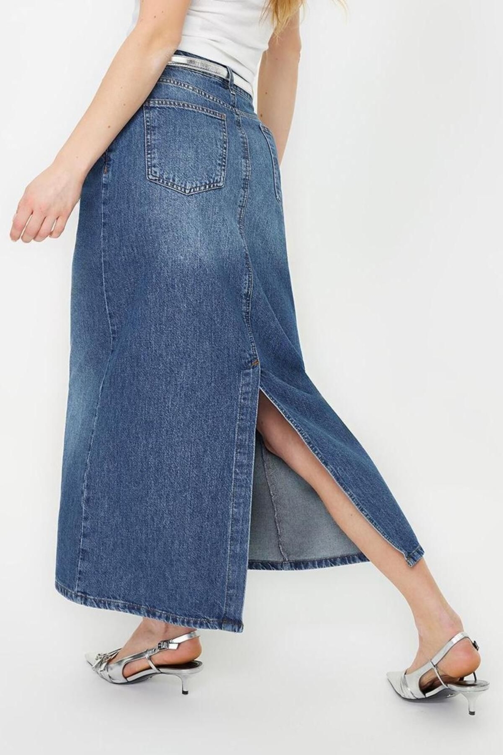 Moda Denim Düz Desen Günlük Maxi Boy Dikiş Detaylı Yüksek Bel Maxi Denim Etek