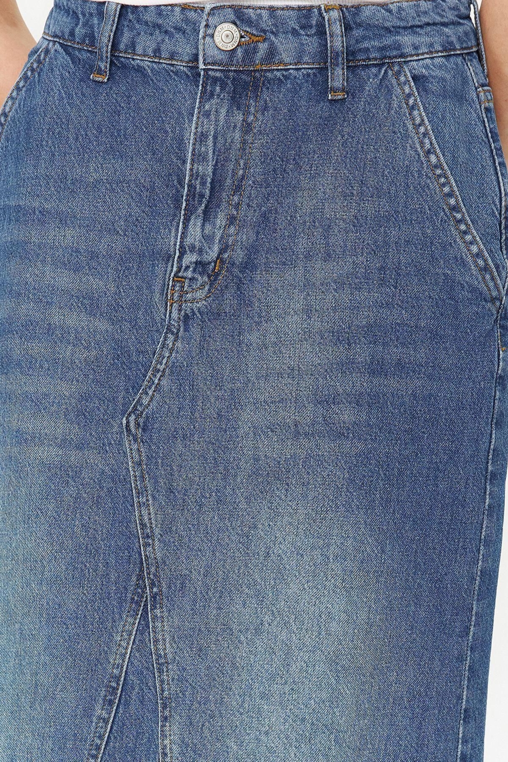 Moda Denim Düz Desen Günlük Maxi Boy Dikiş Detaylı Yüksek Bel Maxi Denim Etek