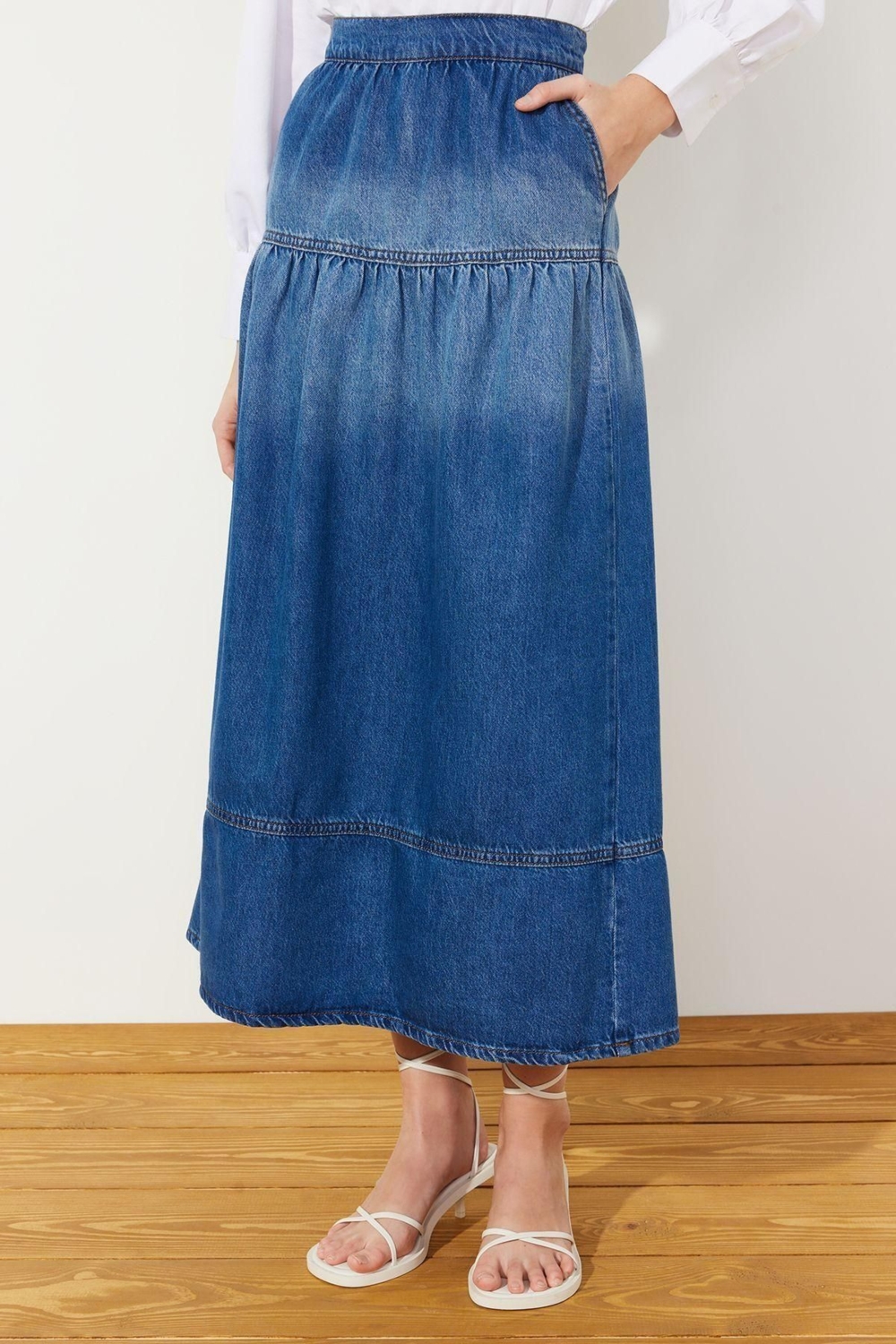 Moda Denim Düz Desen Günlük Midi Boy Dikiş Detaylı Yüksek Bel Maxi Denim Etek