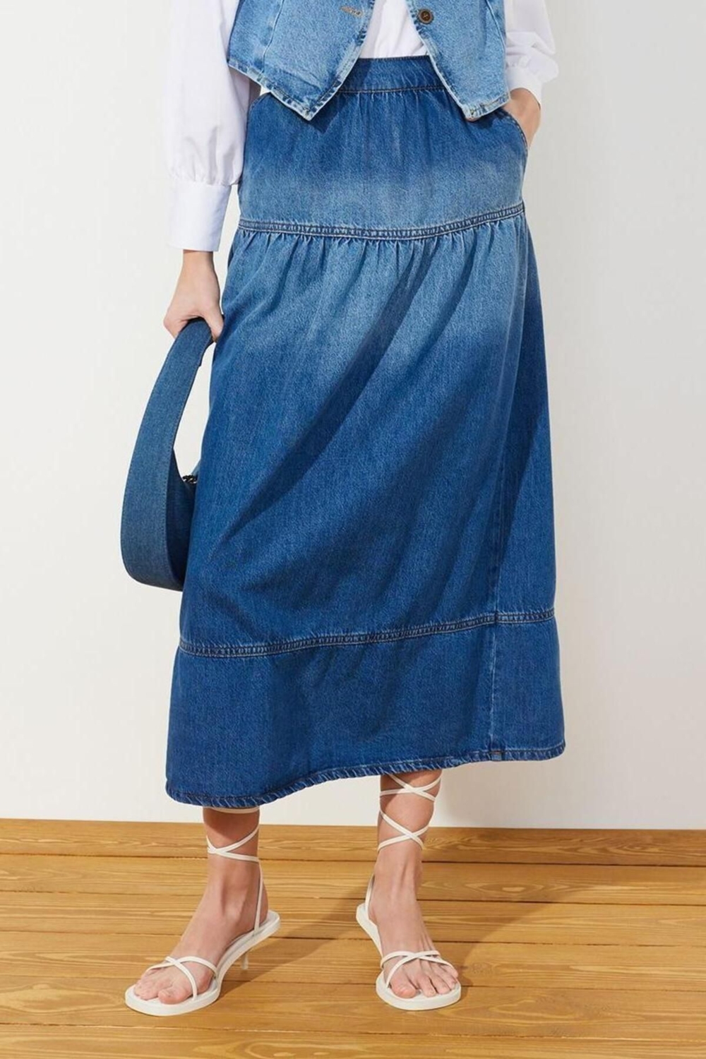 Moda Denim Düz Desen Günlük Midi Boy Dikiş Detaylı Yüksek Bel Maxi Denim Etek