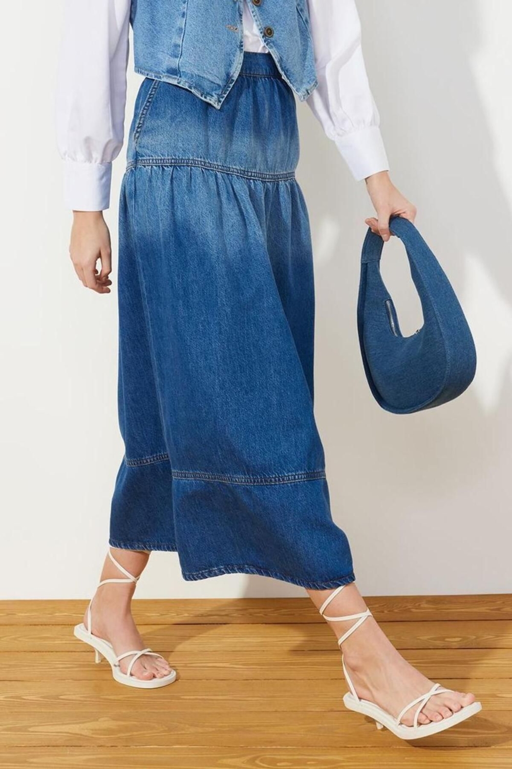Moda Denim Düz Desen Günlük Midi Boy Dikiş Detaylı Yüksek Bel Maxi Denim Etek