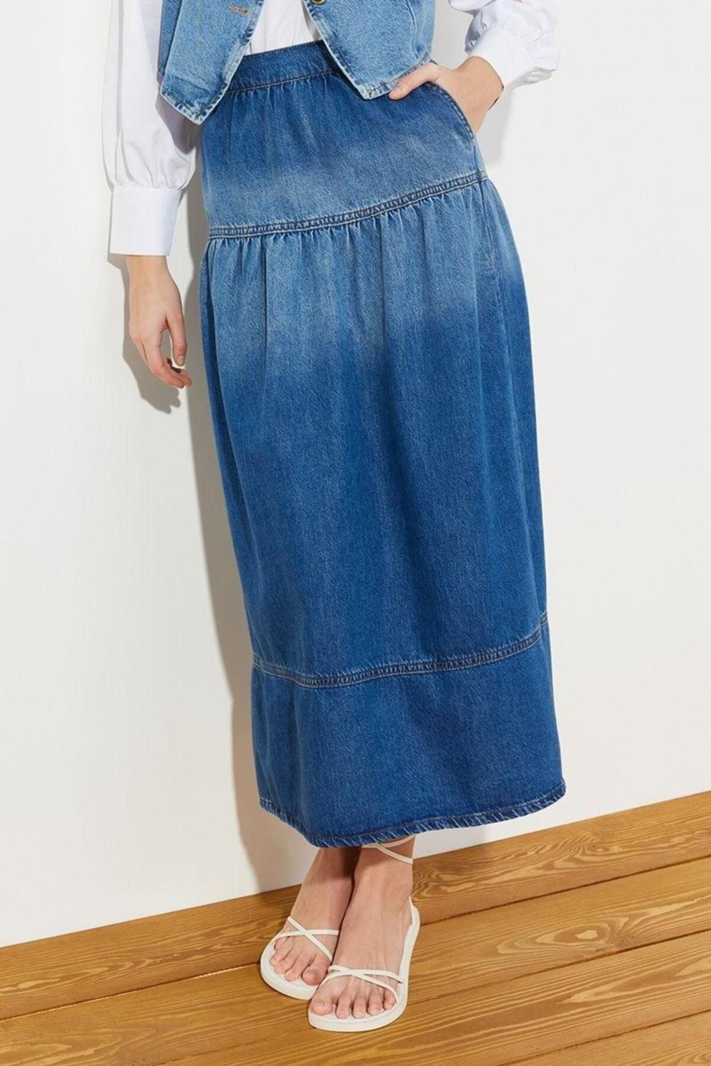Moda Denim Düz Desen Günlük Midi Boy Dikiş Detaylı Yüksek Bel Maxi Denim Etek