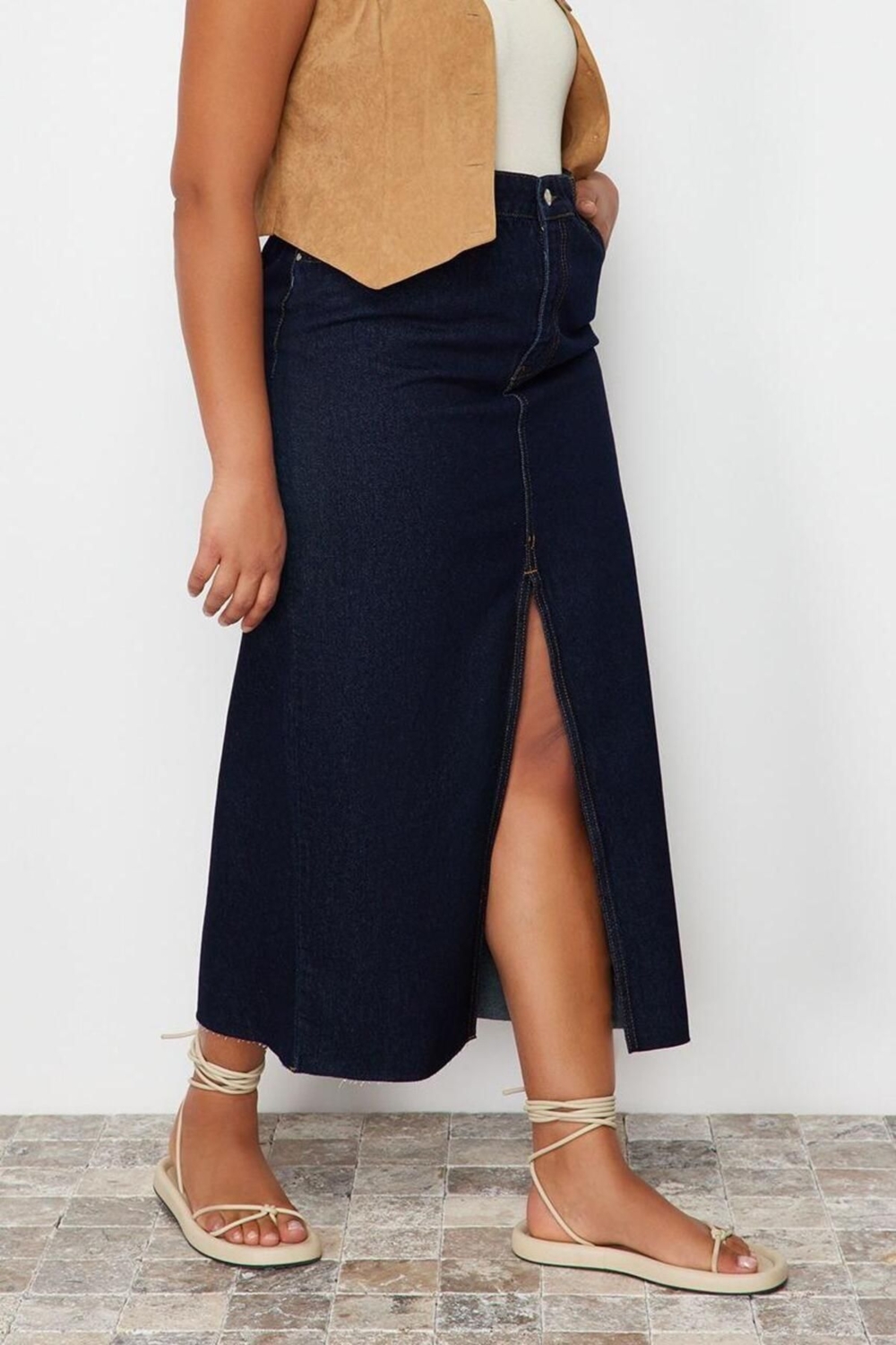 Moda Büyük Beden Regular Düz Desen Günlük Maxi Boy Yırtmaçlı Maxi Denim Etek