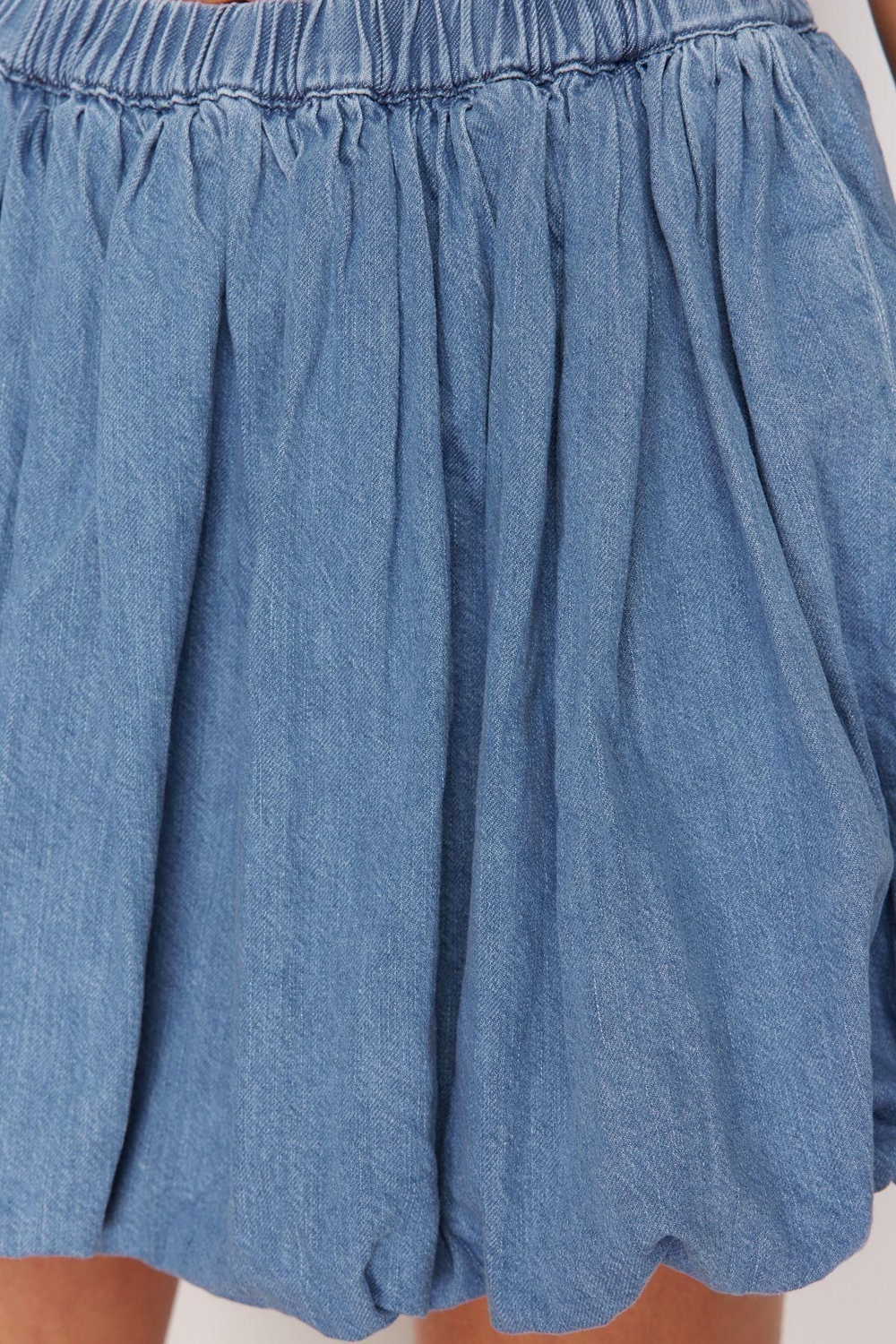 Moda Denim Düz Desen Günlük Mini Boy More Sustainable Pileli Yüksek Bel Balon Denim Etek