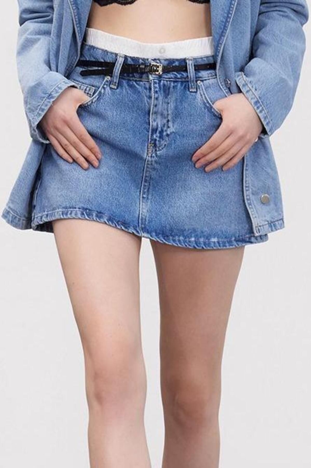 Moda Denim Düz Desen Günlük Mini Boy Limited Edition Boxer Detaylı Yüksek Bel Denim Etek