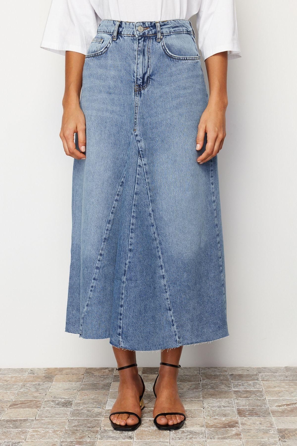 Moda Denim Düz Desen Günlük Maxi Boy Volanlı Dikiş Detaylı Yüksek Bel Maxi Denim Etek