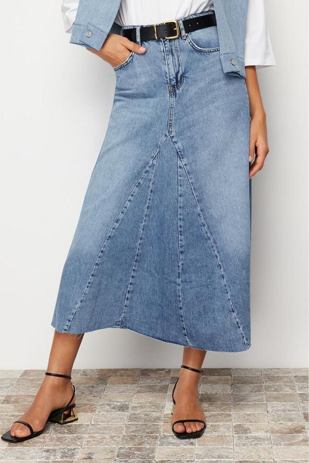 Moda Denim Düz Desen Günlük Maxi Boy Volanlı Dikiş Detaylı Yüksek Bel Maxi Denim Etek