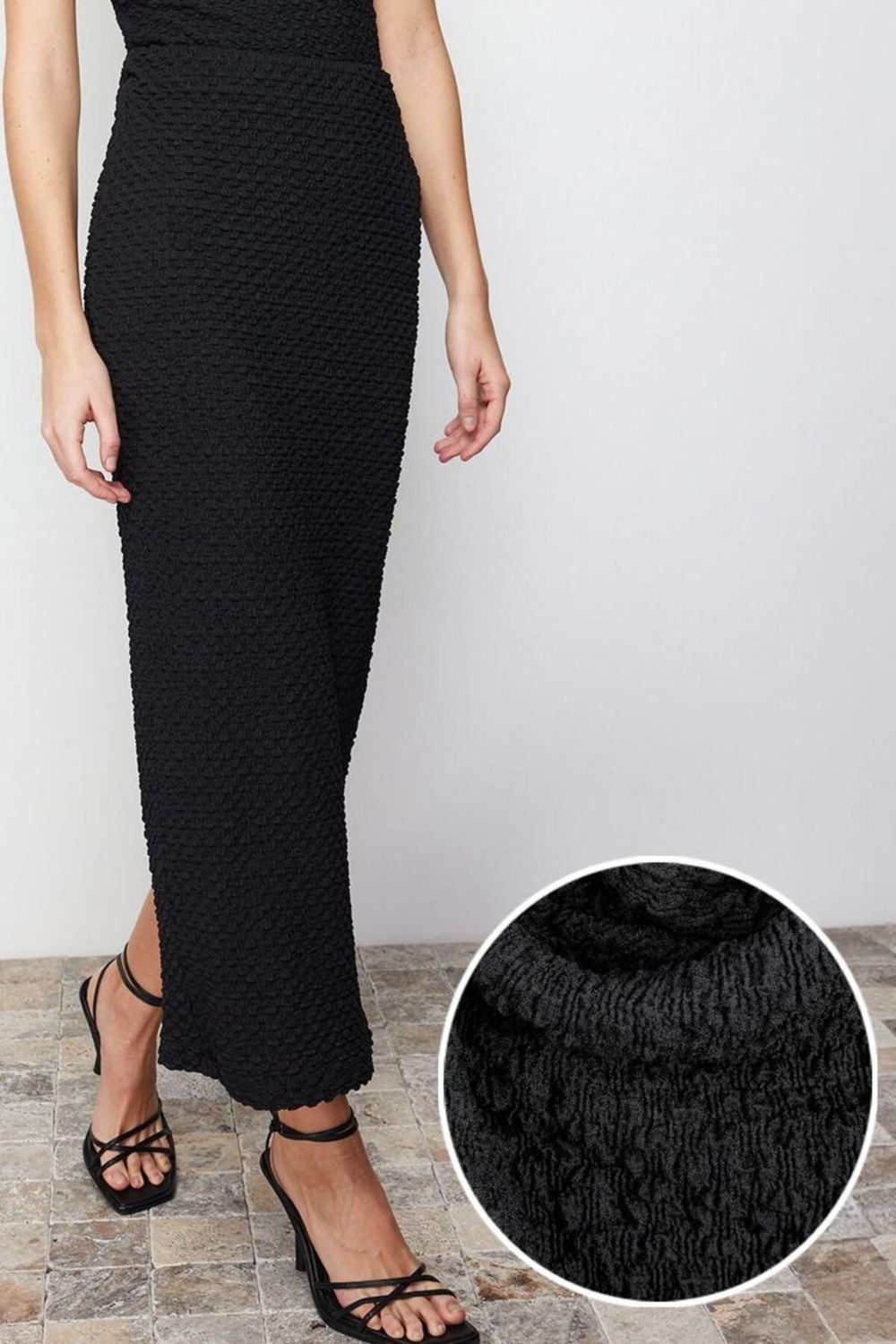 Moda Kalem Düz Desen Günlük Maxi Boy Dokulu Kumaş Kalem Vücuda Oturan Yırtmaçlı Maxi Etek
