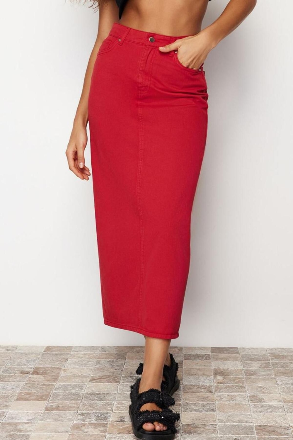 Moda Denim Düz Desen Günlük Midi Boy Yırtmaçlı Maxi Denim Etek