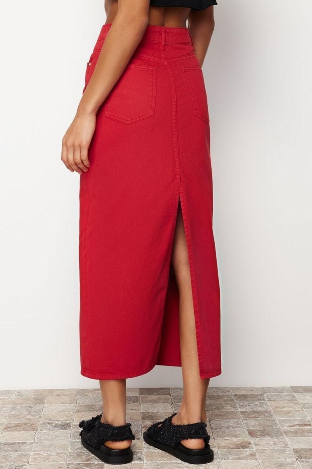 Moda Denim Düz Desen Günlük Midi Boy Yırtmaçlı Maxi Denim Etek