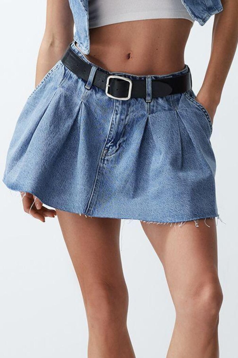 Moda Denim Düz Desen Günlük Mini Boy Pileli Düşük Bel Mini Denim Etek