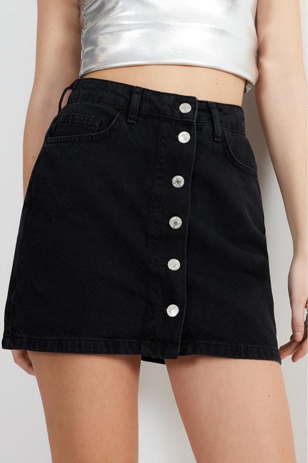 Moda Denim Düz Desen Günlük Mini Boy More Sustainable Önden Düğmeli Yüksek Bel Mini Denim Etek