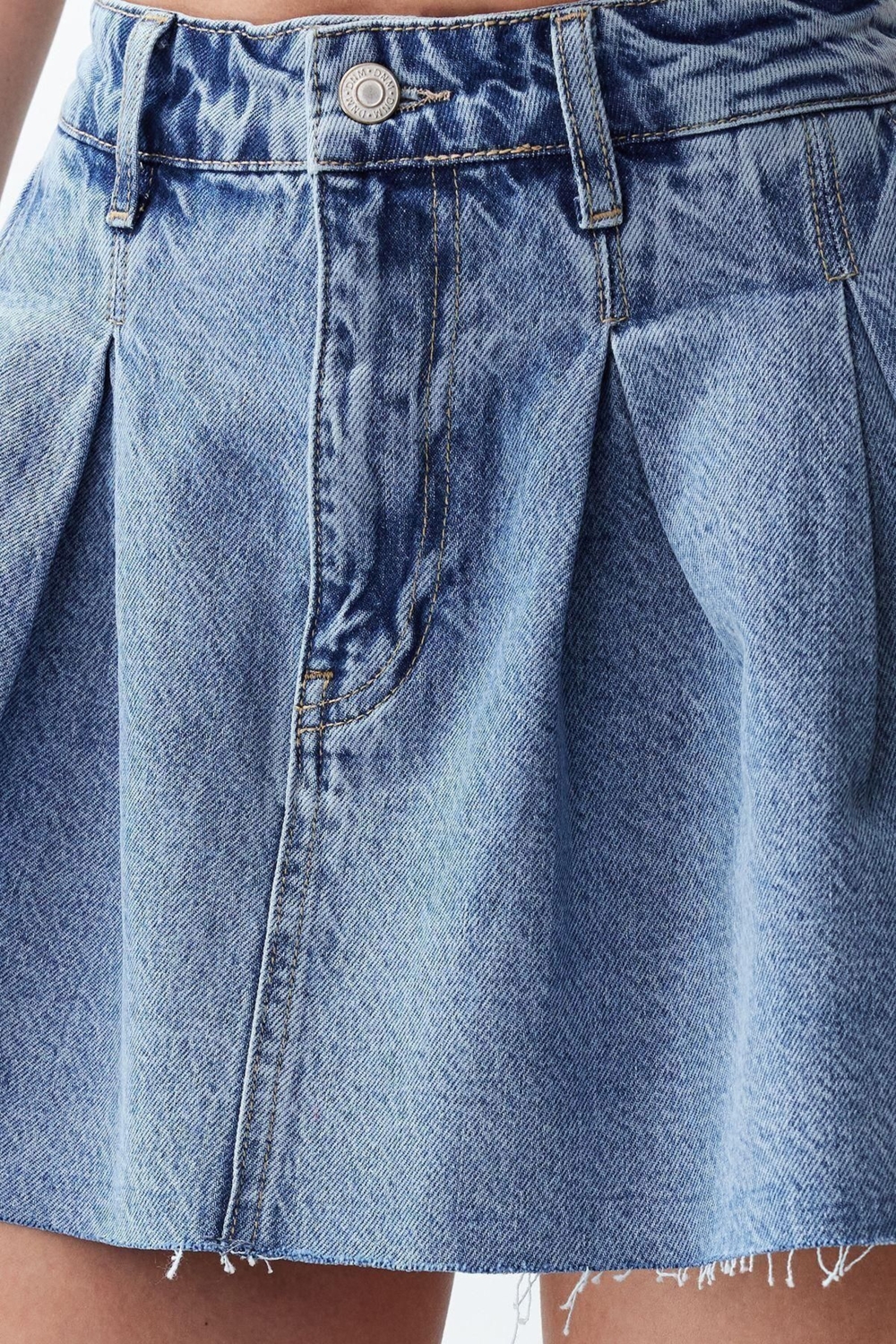 Moda Denim Düz Desen Günlük Mini Boy Pileli Düşük Bel Mini Denim Etek