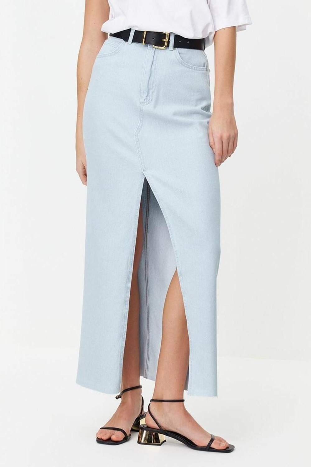 Moda Denim Düz Desen Günlük Maxi Boy Yırtmaçlı Yüksek Bel Maxi Denim Etek