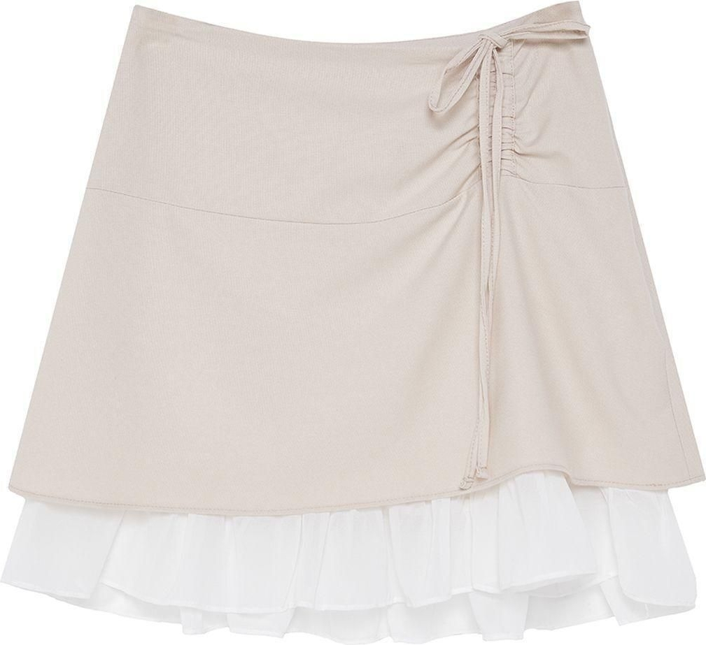 Moda Regular Düz Desen Günlük Mini Boy Bağlama Detaylı Etek Ucu Fırfırlı Mini Boy Dokuma Etek