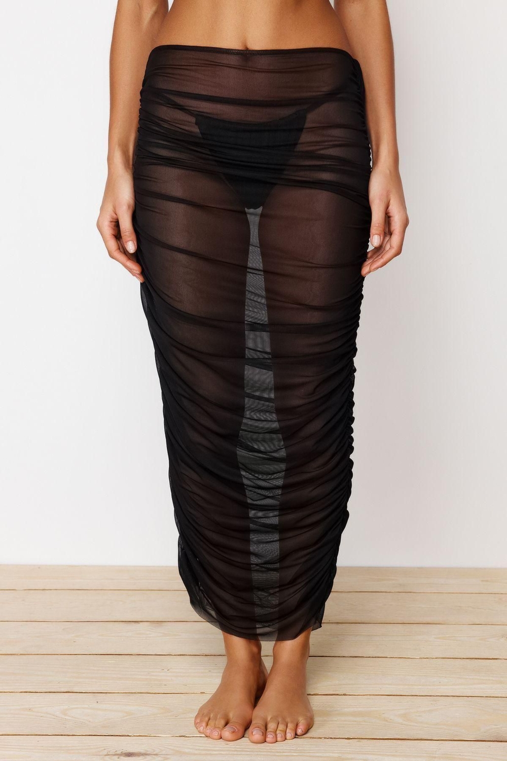 Moda Regular Düz Desen Plaj Midi Boy Siyah Vücuda Oturan Maxi Örme Drapeli Mesh Etek