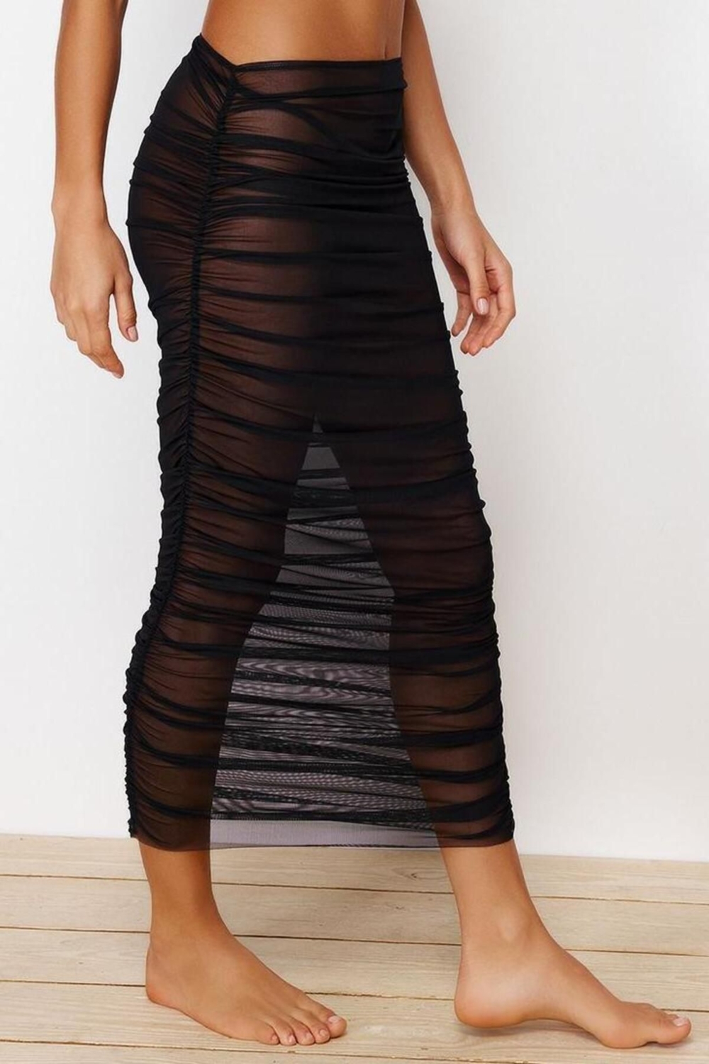 Moda Regular Düz Desen Plaj Midi Boy Siyah Vücuda Oturan Maxi Örme Drapeli Mesh Etek