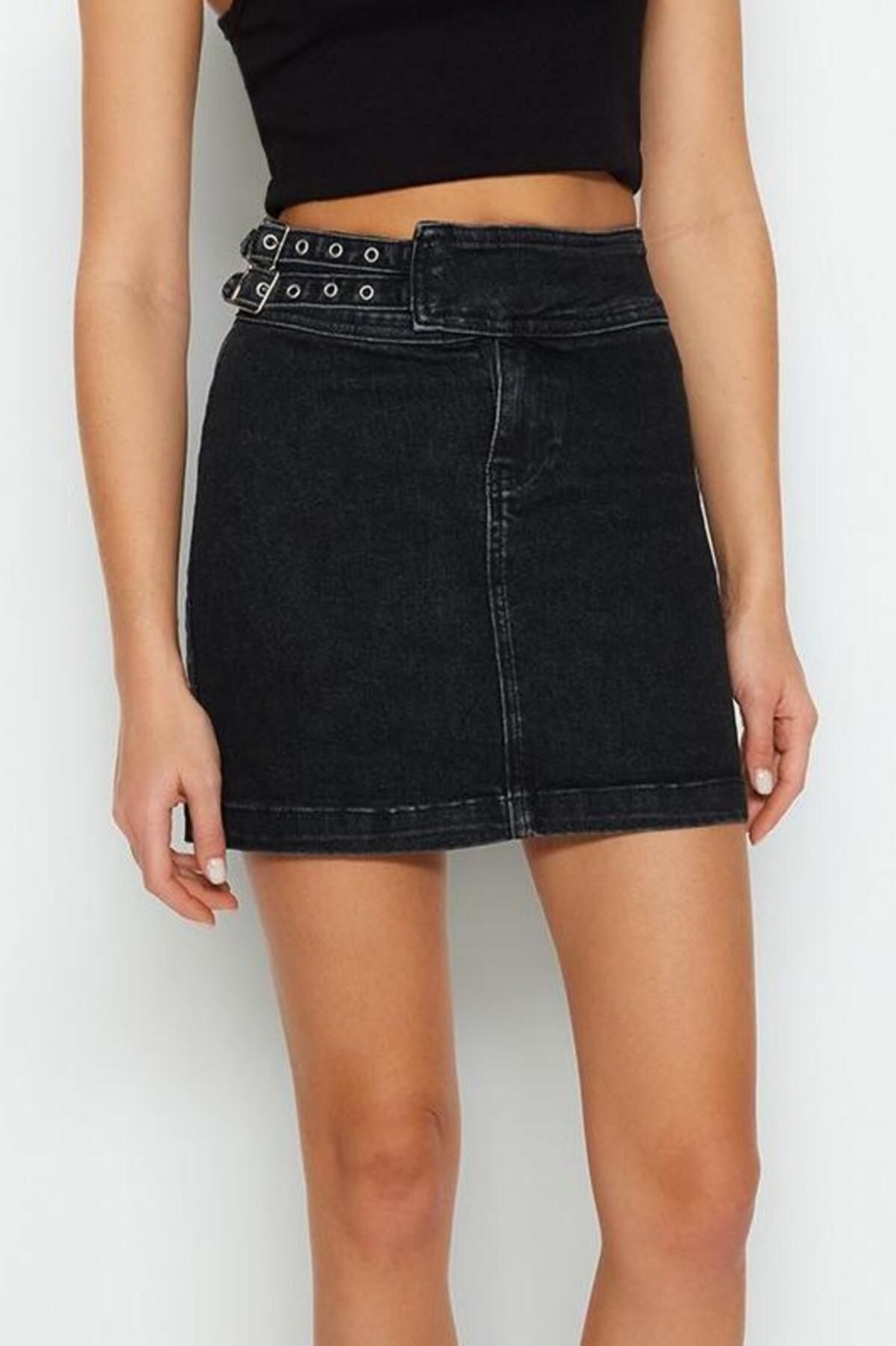 Moda Denim Düz Desen Günlük Mini Boy Aksesuar Detaylı Mini Normal Bel Denim Etek