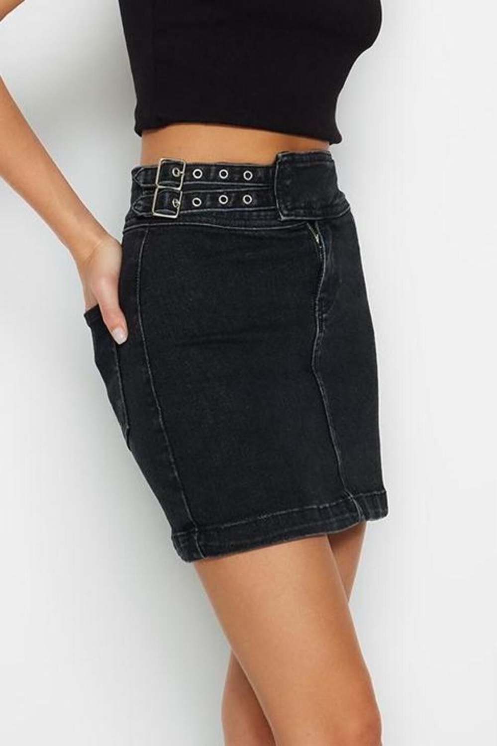 Moda Denim Düz Desen Günlük Mini Boy Aksesuar Detaylı Mini Normal Bel Denim Etek