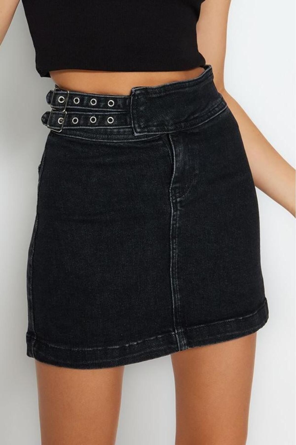 Moda Denim Düz Desen Günlük Mini Boy Aksesuar Detaylı Mini Normal Bel Denim Etek