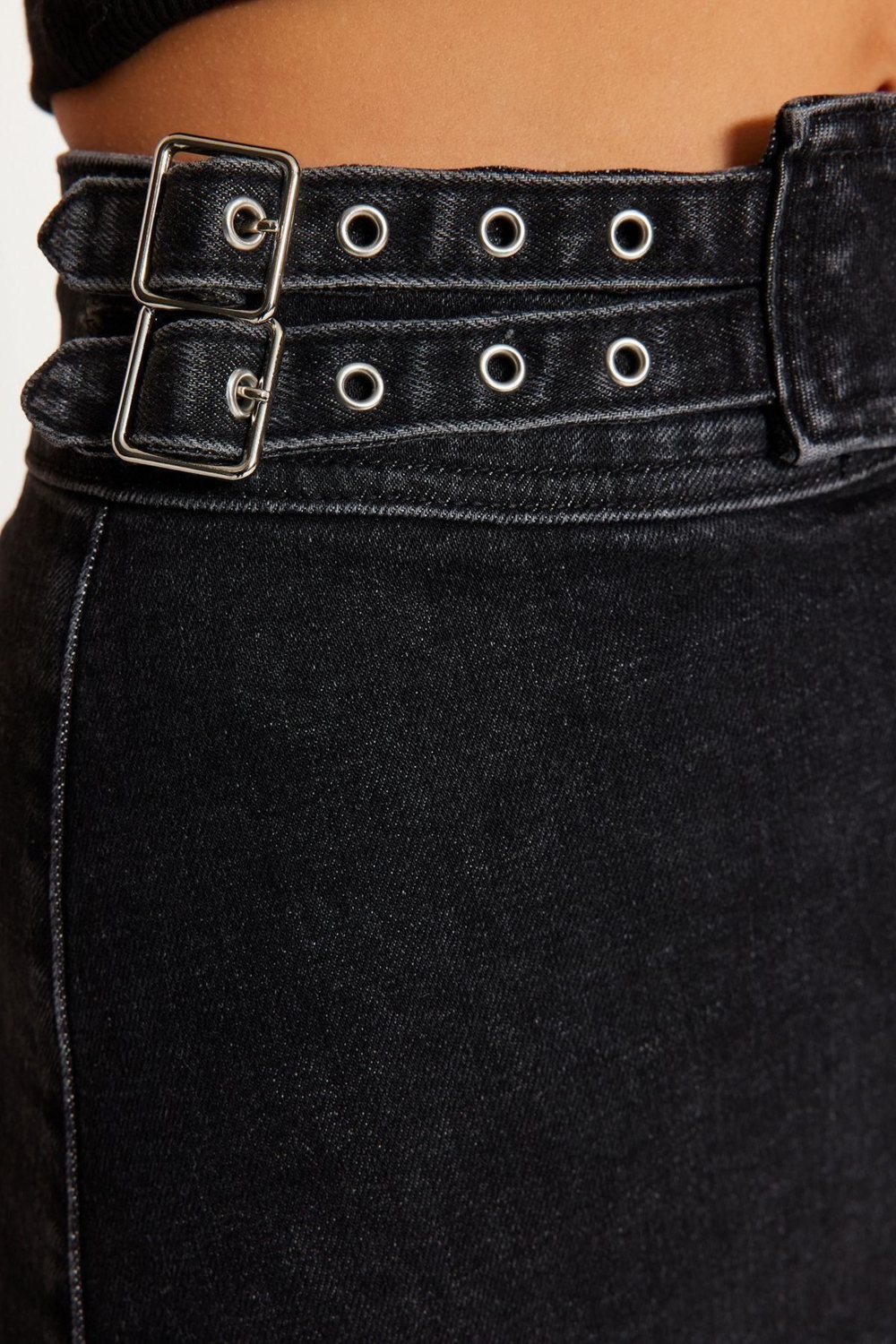 Moda Denim Düz Desen Günlük Mini Boy Aksesuar Detaylı Mini Normal Bel Denim Etek