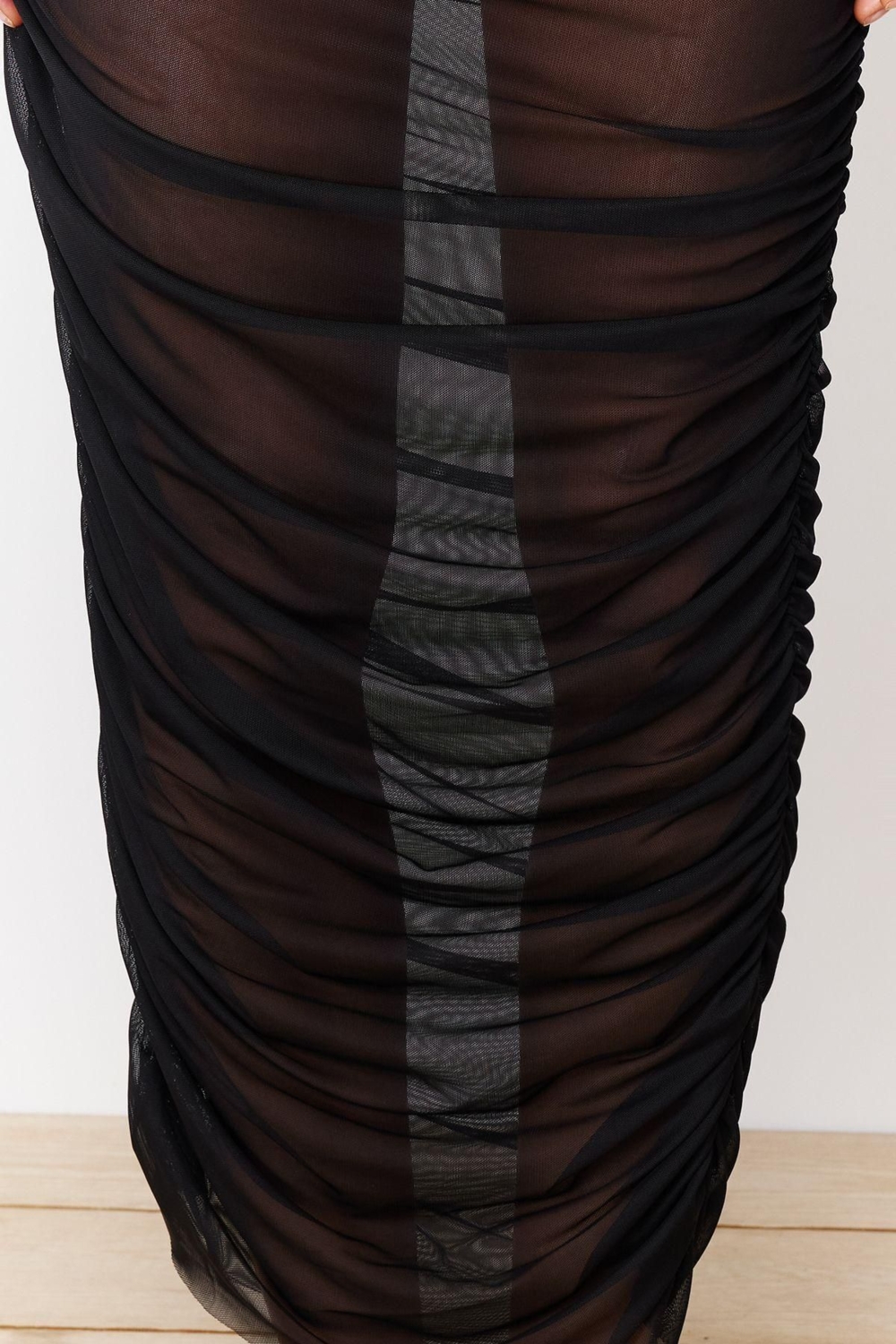 Moda Regular Düz Desen Plaj Midi Boy Siyah Vücuda Oturan Maxi Örme Drapeli Mesh Etek
