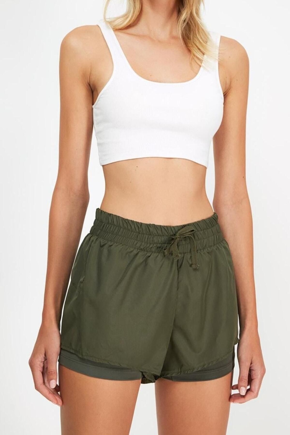 Moda Örme Normal Bel Boru Paça Sportswear Haki Paraşüt Kumaş 2 Katmanlı Içi Şortlu Örme Spor Şort