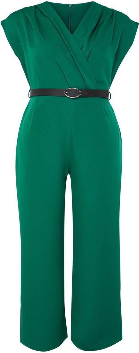 Büyük Beden Kadın Moda Regular Bisiklet Yaka Uzun Kemerli Kruvaze Yaka Büyük Beden Dokuma Tulum