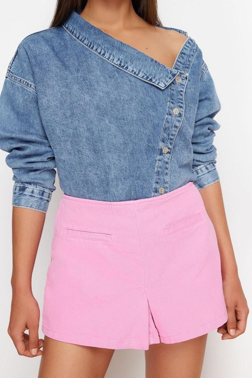 Moda Denim Yüksek Bel Boru Paça Gündelik Pembe Cep Detaylı Yüksek Bel Denim Şort