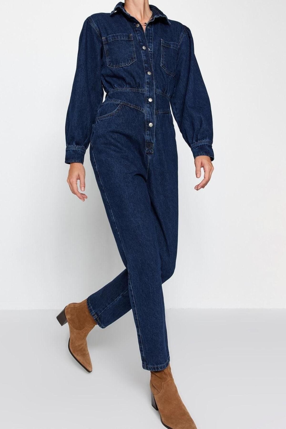 Kadın Moda Standart Kol Dar Paça Ceket Yaka Düz Desen Uzun Balon Kollu Denim Tulum